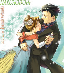 1boy 1girl ace_attorney alternate_costume alternate_hairstyle apollo_justice:_ace_attorney bare_shoulders black_hair blue_dress bow bowtie brown_hair character_name coda_(kinoko-da) dancing dress closed_eyes father_and_daughter flower formal gloves hair_flower hair_ornament height_difference hetero holding_hands laughing phoenix_wright red_scarf scarf short_hair smile spiked_hair suit traditional_bowtie trucy_wright white_gloves rating:Sensitive score:3 user:danbooru