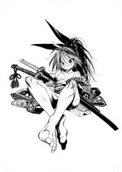  1girl absurdres bare_shoulders barefoot breasts cleavage collarbone commentary_request convenient_leg crossed_legs eyelashes feet floral_print foreshortening full_body greyscale hair_between_eyes hair_ribbon highres isekai_samurai japanese_clothes katana kimono legs long_hair looking_at_viewer medium_breasts monochrome off_shoulder on_ground ribbon saitou1218 sheath sheathed simple_background sitting solo sword toenails toes tsukitsuba_ginko weapon  rating:Sensitive score:13 user:danbooru