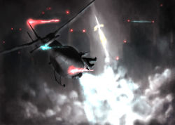 aircraft battle commentary helicopter light missile night no_humans onibi_(foxhound4185) original smoke rating:Sensitive score:5 user:danbooru