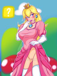  1girl blonde_hair blue_eyes blush breasts clothes_lift crown earrings jewelry lips long_hair mario_(series) nintendo no_panties princess_peach pussy skirt skirt_lift solo standing super_mario_bros._1 uncensored  rating:Explicit score:14 user:Pervy_Senpai