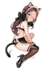  1girl animal_ears animal_hands apron ass back black_apron black_bow black_bra black_footwear black_panties blue_eyes blush bow bra breasts brown_hair brown_legwear cat_ears cat_tail fate/grand_order fate_(series) forehead glasses gloves hair_bow high_heels highres hijiri_ruka legs leonardo_da_vinci_(fate) leonardo_da_vinci_(fate/grand_order) leonardo_da_vinci_(rider)_(fate) loli long_hair looking_at_viewer maid_headdress one_eye_closed open_mouth panties parted_bangs paw_gloves ponytail simple_background sitting small_breasts solo tail thighhighs underwear waist_apron wariza white_background 