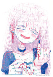  1girl absurdres bags_under_eyes bandaged_neck bandaged_wrist bandages black_choker black_nails blush choker collarbone cropped_torso cuts ear_piercing finger_piercing hair_behind_ear half-closed_eyes hands_up highres holding holding_string injury limited_palette looking_at_viewer messy_hair mizuinokima nervous_smile nervous_sweating original piercing pinky_out plug_(piercing) puffy_short_sleeves puffy_sleeves short_sleeves signature simple_background smile solo string string_around_finger sweat tearing_up traditional_media upper_body wavy_eyes wavy_mouth white_background white_eyes white_hair 