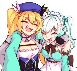  2girls apron aqua_dress aqua_hair blonde_hair blue_hat breasts cleavage closed_eyes dokibird_(vtuber) dress grey_jacket hat highres indie_virtual_youtuber jacket long_hair maid maid_apron maid_headdress mint_fantome multiple_girls open_clothes open_jacket open_mouth ricegnat simple_background smile twintails two_side_up upper_body virtual_youtuber white_background 
