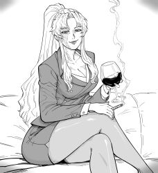1girl absurdres alcohol balalaika_(black_lagoon) bb_(baalbuddy) black_lagoon breasts cigar cleavage commentary commission crossed_legs cup drinking_glass english_commentary female_focus formal highres holding holding_cigar holding_cup jacket large_breasts long_hair looking_at_viewer monochrome pantyhose pencil_skirt scar scar_on_face sitting skirt skirt_suit smile smoke solo suit wine wine_glass