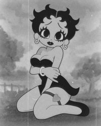  1girl betty_boop betty_boop_(character) black_dress black_eyes black_footwear black_hair black_lips bracelet breasts cleavage cloud dress earrings fence film_grain grabbing_own_arm heart highres jewelry large_breasts lipstick looking_at_viewer louis_lloyd-judson makeup monochrome shoes short_hair sitting sky strapless strapless_dress thigh_strap tree 