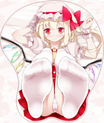  1girl arm_up ascot asymmetrical_hair bad_id bad_pixiv_id blonde_hair blush bow feet female_focus flandre_scarlet foot_focus foreshortening hat hat_bow hat_ribbon looking_at_viewer lying mousepad mousepad_(object) no_shoes on_back oouso panties pantyshot red_eyes ribbon short_hair side_ponytail skirt skirt_set soles solo thighhighs toes touhou underwear upskirt white_panties white_thighhighs wings wrist_cuffs  rating:Questionable score:61 user:danbooru
