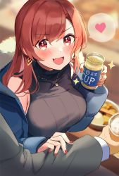 +_+ 1boy 1girl alcohol blue_jacket blurry blurry_background blush breasts brown_hair chopsticks earrings fang food fur_trim hand_on_another&#039;s_arm heart holding jacket jewelry large_breasts long_hair looking_at_viewer monoto necklace off_shoulder one_cup open_mouth original pov red_eyes ribbed_sweater skin_fang sleeveless sleeveless_sweater sleeveless_turtleneck smile solo_focus sparkle spoken_heart sweatdrop sweater turtleneck v-shaped_eyebrows rating:Sensitive score:12 user:danbooru