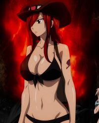  backpack bag bikini breasts brown_eyes cowboy_hat erza_scarlet fairy_tail hat hip_bones large_breasts long_hair lucy_heartfilia navel one_eye one_eye_covered plunging_neckline red_hair shiny_skin stomach swimsuit tattoo v wide_hips 