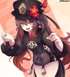  1girl black_headwear black_shorts brown_hair chinese_clothes commentary_request cowboy_shot ddangbi english_text eyes_closed fang flower genshin_impact hat hu_tao jewelry open_mouth red_eyes red_flower ring short_shorts shorts smile symbol-shaped_pupils twintails 