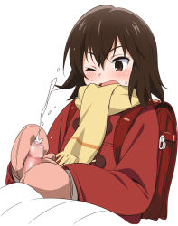 10s 1boy 1girl backpack bag blush boku_dake_ga_inai_machi brown_eyes brown_hair censored coat commentary_request cum ejaculation foreskin handjob hetero hinazuki_kayo jacket loli mittens one_eye_closed open_mouth penis phimosis randoseru scarf short_hair solo_focus sweatdrop yellow_scarf youkan rating:Explicit score:79 user:danbooru