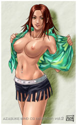 1girl azasuke belly_ring brazil breasts brown_hair christie_monteiro dark_skin highres jewelry large_breasts namco nipples open_clothes shorts smile tekken undressing yellow_eyes rating:Explicit score:74 user:Anonymous