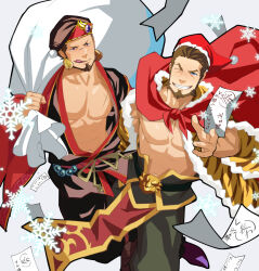  2boys abs animal_print bara bare_pectorals blue_eyes chinstrap_beard cross_scar earrings facial_scar fur_trim grey_background grin hat holding holding_paper holding_sack itto_(mentaiko) jewelry large_pectorals leopard_print licking_lips looking_at_viewer male_focus multiple_boys muscular muscular_male one_eye_closed ookuninushi_(p&amp;d) paper pectorals purple_eyes puzzle_&amp;_dragons sack sangokushi_puzzle_taisen santa_hat scar scar_on_cheek scar_on_chest scar_on_face scar_on_nose smile snowflakes sun_quan_(sangokushi_taisen) thick_eyebrows tongue tongue_out 