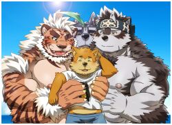  4boys ainu_clothes animal_ears artist_self-insert bara borrowed_character carrying carrying_person chest_hair commentary facial_scar furry furry_male furry_with_furry grey_fur grey_hair headband hombre_tigre_(housamo) horkeu_kamui large_pectorals male_focus male_harem multiple_boys muscular muscular_male nipples nude orange_fur pectorals rossciaco scar scar_on_cheek scar_on_face short_hair size_difference smile sunlight textless_version thick_eyebrows third_eye tiger_boy tokyo_houkago_summoners tsathoggua_(housamo) tusks two-tone_fur upper_body water white_fur white_hair wolf_boy wolf_ears yaoi yellow_eyes 