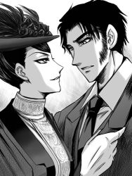  00s 1boy 1girl adele_(emma) bad_id bad_pixiv_id clothes_grab formal gloves greyscale hair_up hans_(emma) hat hetero lowres monochrome necktie official_style profile suit victorian victorian_romance_emma ywaka 