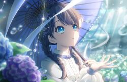  1girl after_rain ame_to_ajisai_ni_utaeba_(love_live!) blue_eyes blue_flower blue_hair blurry blurry_background braid cloud cloudy_sky collared_shirt dark_blue_hair flower game_cg hair_flower hair_ornament highres holding holding_umbrella hydrangea link!_like!_love_live! long_hair long_sleeves looking_up love_live! low_twin_braids murano_sayaka official_alternate_costume official_alternate_hairstyle official_art oil-paper_umbrella open_mouth puffy_long_sleeves puffy_sleeves purple_flower shirt sky solo third-party_source twin_braids umbrella upper_body virtual_youtuber white_shirt 