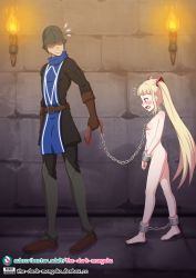  1boy 1girl barefoot bdsm blonde_hair blush bondage bound breasts brown_footwear chain chained clothed_male_nude_female collar completely_nude cuffs faceless faceless_male from_side full_body helmet highres indoors leash loli long_hair looking_at_another looking_back metal_collar notice_lines nude running_bond shackles slave small_breasts small_nipples soldier stone_floor stone_wall the_dark_mangaka torch twintails very_long_hair wall wall_torch  rating:Explicit score:195 user:Hunter_of_Lolis