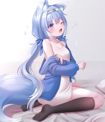  1girl animal_ear_fluff animal_ears bare_shoulders black_thighhighs blue_bow blue_eyes blue_hair blue_jacket blunt_bangs blush bow breasts commission dress fang from_side full_body hair_between_eyes hair_bow hairband honyang jacket long_hair long_sleeves low_twintails no_shoes off_shoulder on_bed one_eye_closed open_clothes open_jacket open_mouth original pencil_dress rainbow_hairband removing_jacket short_dress sitting sleepy sleeveless sleeveless_dress small_breasts solo tail thighhighs twintails wariza white_dress  rating:Sensitive score:2 user:Sir_Cumalot