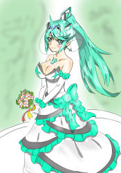  1girl blue_fox_(aoba) blush bouquet breasts bridal_veil bride cleavage dress flower gem green_dress green_eyes green_hair hair_ornament headpiece holding holding_bouquet holding_flower jewelry large_breasts long_dress long_hair looking_at_viewer nintendo pneuma_(xenoblade) ponytail simple_background smile solo spoiler spoilers swept_bangs tiara veil very_long_hair wedding_dress white_dress xenoblade_chronicles_(series) xenoblade_chronicles_2 