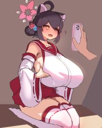  1girl @_@ absurdres ahoge animal_ears black_hair blue_archive breasts cellphone detached_sleeves disembodied_hand fang flower grabbing_own_breast gya_rb hair_bun hair_flower hair_ornament highres huge_breasts hypnosis japanese_clothes kaede_(blue_archive) miko mind_control phone red_skirt seiza sitting skirt smartphone thighhighs wide_sleeves yellow_eyes  rating:Sensitive score:65 user:danbooru