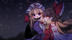 2girls absurdres ascot blonde_hair blush bow breath brown_hair commentary detached_sleeves frilled_bow frilled_hair_tubes frills gap_(touhou) hair_bow hair_tubes hakurei_reimu hat hat_ribbon highres long_hair long_sleeves looking_at_another mob_cap multiple_girls night open_mouth outdoors purple_eyes purple_tabard red_bow red_eyes red_ribbon ribbon ribbon-trimmed_sleeves ribbon_trim scarf snowing tabard tohou89 touhou upper_body white_hat white_sleeves yakumo_yukari yellow_ascot yellow_scarf 