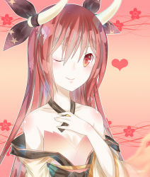 10s 1girl bare_arms bare_shoulders bow date_a_live fire flower framed hair_bow heart horns itsuka_kotori japanese_clothes jewelry long_hair necklace one_eye_closed pink_background pink_eyes pink_hair priyaphr red_eyes smile wink rating:Sensitive score:1 user:danbooru