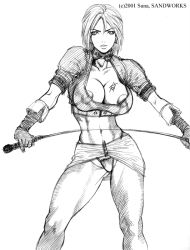  1girl abs angry areola_slip breasts cleavage collar crop_top earrings female_focus female_pubic_hair gloves jewelry large_areolae large_breasts legs linda_(spikeout) midriff miniskirt monochrome muscular navel nipples no_bra panties pubic_hair puffy_nipples sega short_hair simple_background sketch skirt solo spikeout standing strap suna_(sandworks) tattoo thong underwear whip white_background  rating:Questionable score:17 user:rocketbilly_ronald