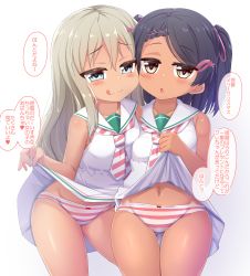 2girls bare_arms black_hair blue_eyes blush brown_eyes chestnut_mouth clothes_lift commentary_request dress dress_lift gluteal_fold grecale_(kancolle) hair_ornament hair_ribbon hairclip heart highres kantai_collection kurokoshou_(emuburemu123) lifting_own_clothes long_hair looking_at_viewer multiple_girls navel panties presenting ribbon sailor_collar sailor_dress scirocco_(kancolle) short_hair sleeveless sleeveless_dress smile speech_bubble striped_clothes striped_panties take_your_pick tongue tongue_out translated underwear white_background white_dress rating:Sensitive score:141 user:danbooru