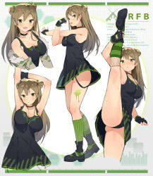  1girl :d :o absurdres alternate_breast_size arm_up armpits arms_up ass asymmetrical_legwear black_dress black_footwear black_gloves black_panties blush bow breasts brown_hair character_name choker collarbone cross-body_stretch ddal double_bun dress fingerless_gloves fishnets girls&#039;_frontline gloves graph_paper green_bow green_eyes hair_between_eyes hair_bow hair_bun highres impossible_clothes impossible_dress kneehighs kneepits large_breasts leg_lift long_hair looking_at_viewer mary_janes mismatched_legwear multiple_views non-web_source open_mouth panties parted_lips revision rfb_(girls&#039;_frontline) shoes short_dress sidelocks smile socks split standing standing_on_one_leg standing_split stretching striped_clothes striped_socks sweat tareme thighs underwear vertical-striped_clothes vertical-striped_socks  rating:Sensitive score:36 user:danbooru