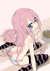 blue_eyes chocolate curly_hair loli panties pink_hair spoon striped_clothes striped_panties tail thighhighs topless underwear  rating:Questionable score:23 user:CharredAnarchy96