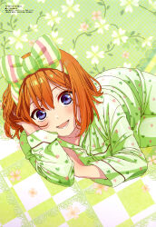  1girl absurdres arm_support blue_eyes blush bow checkered_background floral_background go-toubun_no_hanayome green_pants green_shirt hair_bow hand_up heart heart_print highres long_sleeves looking_at_viewer lying magazine_scan medium_hair megami_magazine multicolored_bow nakano_yotsuba official_art on_side open_mouth orange_hair pajamas pants pocket polka_dot polka_dot_background print_pajamas scan shirt solo translation_request yufu_kyouko 