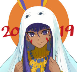  1girl 2019 animal_ears b_suke blush closed_mouth dark-skinned_female dark_skin facial_mark fate/grand_order fate_(series) gold_necklace highres jewelry long_hair looking_at_viewer necklace new_year nitocris_(fate) nitocris_(fate/grand_order) nitocris_(swimsuit_assassin)_(fate) portrait purple_eyes purple_hair simple_background smile solo 
