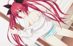 10s 1girl ass back bare_shoulders bra date_a_live hair_ornament itsuka_kotori legs long_hair looking_back panties red_eyes red_hair solo standing striped_clothes striped_panties thighs twintails underwear undressing rating:Sensitive score:80 user:Ynyswydryn