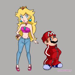 1boy 1girl artist_name bare_shoulders blue_eyes breasts brown_hair crown earrings eyeshadow facial_hair full_body hand_in_pocket hand_on_own_hip hat jacket jewelry lipstick long_hair looking_at_another makeup mario mario_(series) midriff mustache navel nintendo princess_peach standing