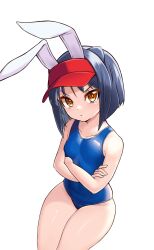  1girl :/ animal_costume animal_ears arcana_heart artist_request bare_legs bare_shoulders blonde_hair blue_hair blue_one-piece_swimsuit blush breasts cat_ears catherine_kyoubashi catherine_kyoubashi_(cosplay) cosplay crossed_arms curvy daidouji_kira fake_animal_ears legs_together looking_at_viewer one-piece_swimsuit orange_eyes rabbit_costume rabbit_ears school_swimsuit short_hair small_breasts smile swimsuit white_background wide_hips 