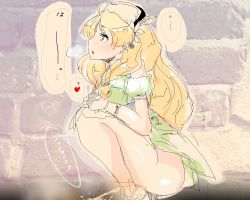 1girl atelier_(series) atelier_ayesha ayesha_altugle bare_shoulders blonde_hair blush breath brick_wall dress flower gloves green_dress hands_on_own_knees hat high_heels leaf long_hair looking_up meema no_panties open_mouth peeing see-through shoes squatting yellow_eyes yellow_hat rating:Explicit score:1 user:cpee