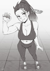  1girl absurdres blush breasts cleavage creatures_(company) english_text full_body game_freak greyscale grin highres holding holding_poke_ball large_breasts long_hair looking_at_viewer midriff monochrome muscular muscular_female navel nemona_(pokemon) nintendo poke_ball poke_ball_(basic) pokemon pokemon_sv ponytail shoes smile solo speedl00ver sports_bra tile_floor tiles  rating:Sensitive score:90 user:danbooru