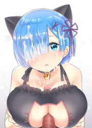  10s 1girl animal_ears bell blue_eyes blue_hair breasts cat_ears cat_lingerie choker cleavage_cutout clothing_cutout cum cum_in_mouth cum_on_hair ejaculation facial fox37 hair_ornament hair_over_one_eye large_breasts meme_attire neck_bell open_mouth out_of_frame paizuri paizuri_under_clothes penis re:zero_kara_hajimeru_isekai_seikatsu rem_(re:zero) solo_focus uncensored white_background  rating:Explicit score:109 user:danbooru