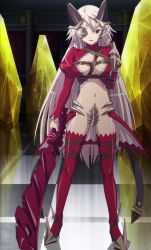 1girl absurdres aldra_(queen&#039;s_blade) breasts female_focus highres long_hair queen&#039;s_blade screencap solo standing stitched sword third-party_edit weapon white_hair  rating:Questionable score:45 user:arutos