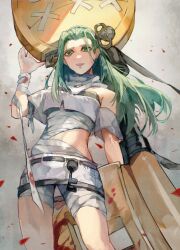  1girl a.b.a bags_under_eyes bandaged_chest bandaged_neck bandages bare_shoulders blood bloody_bandages green_eyes green_hair guilty_gear guilty_gear_strive headband highres key key_in_head kmkzkoyomi long_hair looking_at_viewer object_through_head paracelsus_(guilty_gear) stitched_mouth stitches white_headband 