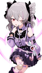  1girl absurdres awe_(adorableduckyy) bandaid bandaid_on_leg bare_shoulders black_bow black_skirt black_socks bow center_frills detached_sleeves drill_hair feet_out_of_frame frilled_bow frilled_skirt frills grey_hair hair_between_eyes heart highres honkai_(series) honkai_impact_3rd joints long_hair long_sleeves looking_at_viewer loose_socks multicolored_hair one_eye_closed pink_bow pink_hair pleated_skirt prometheus_(honkai_impact) puffy_long_sleeves puffy_sleeves purple_bow purple_shirt purple_sleeves red_eyes robot_joints shirt simple_background skirt sleeveless sleeveless_shirt socks solo standing standing_on_one_leg streaked_hair stuffed_animal stuffed_rabbit stuffed_toy tongue tongue_out twin_drills two_side_up v_over_mouth white_background 