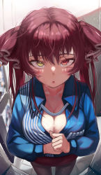1girl :o absurdres alternate_costume black_pantyhose blue_shirt blurry blurry_background blush breasts cleavage collarbone collared_shirt commentary_request employee_uniform hair_ornament hair_ribbon hands_up heterochromia highres hololive houshou_marine huge_filesize large_breasts leaning_forward long_hair long_sleeves looking_at_viewer md5_mismatch open_mouth pantyhose pencil_skirt red_eyes red_hair red_ribbon resolution_mismatch ribbon shirt sidelocks skirt solo source_smaller striped_clothes striped_shirt sweat tile_floor tiles torriet twintails two_side_up uniform virtual_youtuber yellow_eyes rating:Sensitive score:105 user:danbooru