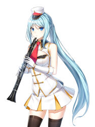  1girl :/ band_uniform bare_shoulders black_thighhighs blue_eyes blue_hair breasts buttons clarinet cleavage_cutout closed_mouth closers clothing_cutout collared_jacket cowboy_shot double-breasted fold-over_gloves gloves hands_up hat highres holding holding_instrument impossible_clothes impossible_jacket instrument jacket legs_apart long_hair looking_at_viewer looking_to_the_side marching_band medium_breasts mini_shako_cap miniskirt necktie official_art parted_bangs pleated_skirt ponytail red_necktie shako_cap sidelocks skirt sleeveless sleeveless_jacket solo standing thighhighs uniform very_long_hair violet_(closers) white_background white_gloves white_hat white_jacket white_skirt wing_collar zettai_ryouiki 