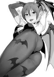 1girl animal_print armpits ass bare_shoulders bat_print bat_wings blush breasts capcom commission demon_girl greyscale head_wings highres lilith_aensland looking_at_viewer messatsu_tan monochrome open_mouth pantyhose pixiv_commission print_legwear short_hair simple_background small_breasts smile thighs vampire_(game) white_background wings rating:Sensitive score:60 user:danbooru