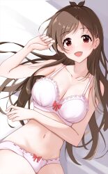  1girl antenna_hair bare_shoulders bed_sheet blush bra breasts brown_hair cleavage clenched_hand collarbone dot_nose frilled_bra frills from_above hair_ornament hairclip hand_up highres idolmaster idolmaster_cinderella_girls idolmaster_cinderella_girls_starlight_stage long_hair looking_at_viewer lying medium_breasts midriff namidako navel on_back on_bed open_mouth panties pink_bra pink_panties red_eyes red_ribbon ribbon ribbon-trimmed_underwear ribbon_trim shadow smile solo tsujino_akari underwear 