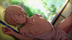  1boy blush bottomless looking_at_viewer lying male_focus natsume_takashi natsume_yuujinchou naughty_face nipples smile solo sweat ygyg2200  rating:Questionable score:20 user:harucho