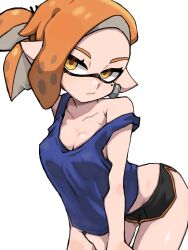  1girl absurdres black_shorts blue_tank_top breasts cleavage closed_mouth ear_piercing highres ikachan_pochan inkling_girl inkling_player_character leaning_forward looking_at_viewer medium_breasts mole mole_under_eye nintendo off_shoulder orange_hair piercing pointy_ears ponytail short_shorts shorts simple_background solo splatoon_(series) tank_top tentacle_hair white_background yellow_eyes 