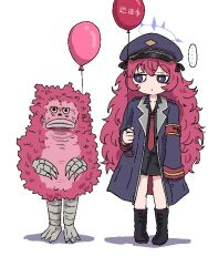  ... 1girl armband balloon blue_archive blue_eyes boots cap claws fxxk_law hair_ornament halo hat height_difference iroha_(blue_archive) kaijuu lips long_coat long_hair lowres military_uniform miniskirt monster necktie oekaki oversized_clothes peaked_cap pigmon red_balloon red_hair ribbon scales simple_background skirt ultra_q ultra_series ultraman_(1st_series) uniform very_long_hair wavy_hair white_background 