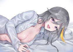 1girl :d absurdres breasts cleavage commission empress_(last_origin) grey_hair highres kangi_nako large_breasts last_origin long_hair long_sleeves looking_at_viewer lying multicolored_hair naked_shirt navel on_side open_clothes open_mouth open_shirt pillow purple_eyes shirt smile solo streaked_hair white_background white_shirt rating:Sensitive score:7 user:danbooru