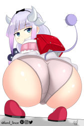  1girl artist_name ass backpack bag blue_eyes blunt_bangs blush bow dragon_girl dragon_tail hair_bow highres huge_ass kanna_kamui kobayashi-san_chi_no_maidragon loli looking_back lord_lince panties purple_hair shoes solo squatting tail underwear white_background  rating:Questionable score:177 user:JustHere4Butts