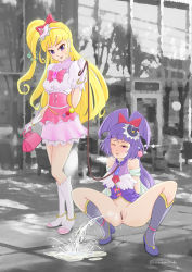 2girls bag bar_censor censored cure_magical cure_miracle exhibitionism handbag highres mahou_girls_precure! merikenstudio multiple_girls pee peeing pet_play photo_background pink_bag precure public_indecency puddle squatting stream water_drop yuri rating:Questionable score:26 user:Hyoroemon